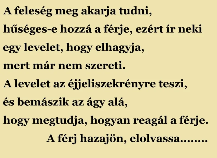 Vicc: A feleség meg akarja tudni, hűséges-e hozzá a férje, Vicc: A feleség meg akarja tudni, hűséges-e hozzá a férje, ezért ír neki egy…