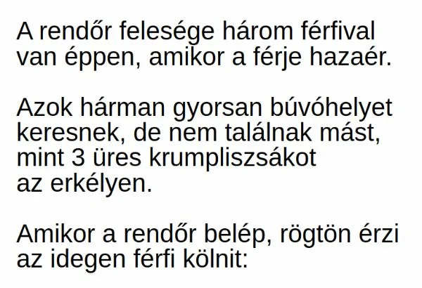 Vicc: A rendőr felesége három férfival van otthon, amikor a Vicc: A rendőr felesége három férfival van otthon, amikor a férje…