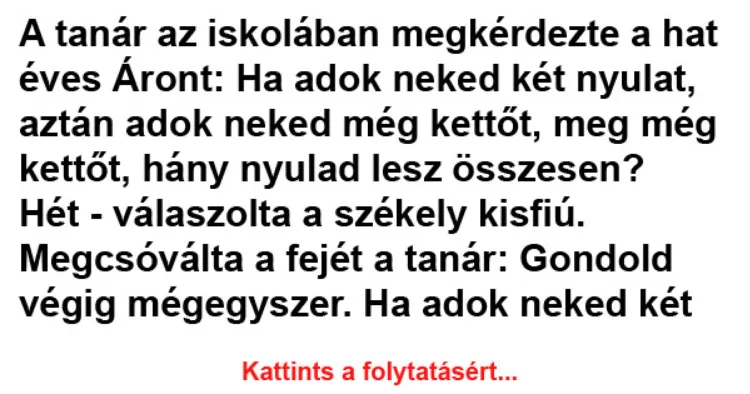 Vicc: A tanár az iskolában megkérdezte a hat éves Áront Vicc: A tanár az iskolában megkérdezte a hat éves Áront –