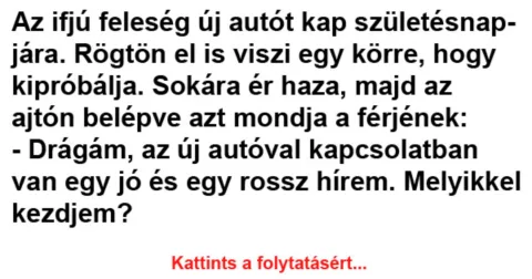 Vicc: Az ifjú feleség új autót kap születésnapjára –