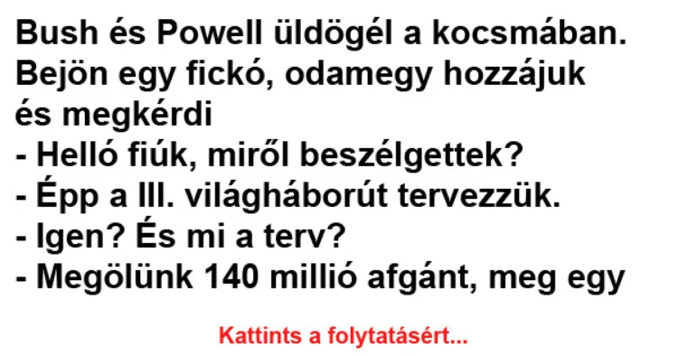 Vicc: Bush és Powell üldögél a kocsmában - Vicc: Bush és Powell üldögél a kocsmában –