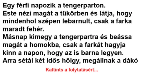 Vicc: Egy férfi napozik a tengerparton