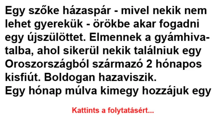 Vicc: Egy szőke házaspár - mivel nekik nem lehet gyerekük Vicc: Egy szőke házaspár – mivel nekik nem lehet gyerekük – örökbe akar…