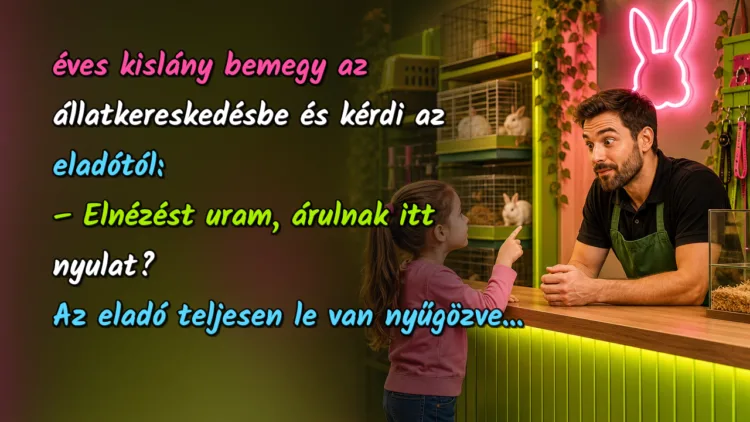 Vicc: 7 éves kislány bemegy az állatkereskedésbe és kérdi az eladótól... éves kislány bemegy az állatkereskedésbe és kérdi az eladótól: – Elnézést uram, árulnak itt nyulat? Az eladó teljesen le van nyűgözve...