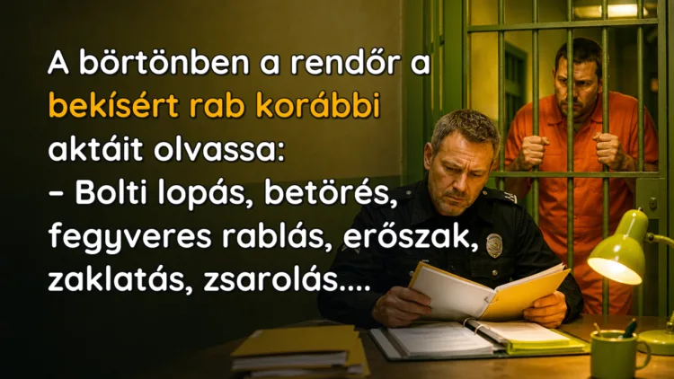 Vicc: A börtönben a rendőr a bekísért rab korábbi aktáit olvassa... A börtönben a rendőr a bekísért rab korábbi aktáit olvassa: – Bolti lopás, betörés, fegyveres rablás, erőszak, zaklatás, zsarolás....