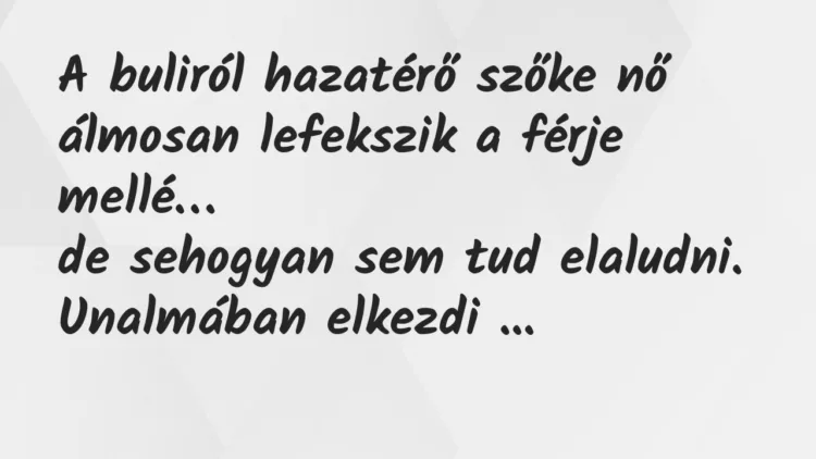 Vicc: A buliról hazatérő szőke nő álmosan lefekszik a férje mellé… Vicc: A buliról hazatérő szőke nő álmosan lefekszik a férje mellé…