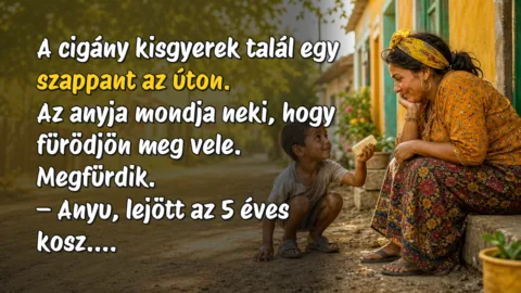 A cigány kisgyerek talál egy szappant az úton. Az anyja mondja neki, hogy fürödjön meg vele. Megfürdik. – Anyu, lejött az 5 éves kosz....