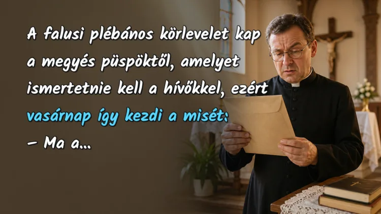 Vicc: A falusi plébános körlevelet kap a megyés püspöktől, amelyet... A falusi plébános körlevelet kap a megyés püspöktől, amelyet ismertetnie kell a hívőkkel, ezért vasárnap így kezdi a misét: – Ma a...