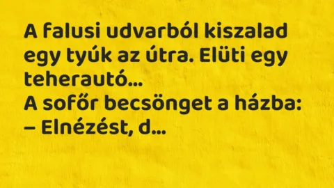 Vicc: A falusi udvarból kiszalad egy tyúk az útra. Elüti egy teherautó…