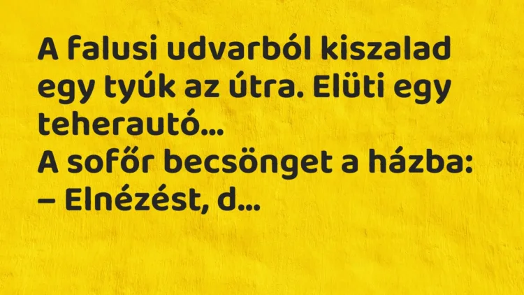 Vicc: A falusi udvarból kiszalad egy tyúk az útra. Elüti egy teherautó… Vicc: A falusi udvarból kiszalad egy tyúk az útra. Elüti egy teherautó…