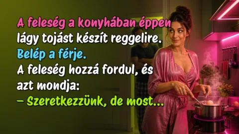 A feleség a konyhában éppen lágy tojást készít reggelire. Belép a férje. A feleség hozzá fordul, és azt mondja: – Szeretkezzünk, de most...