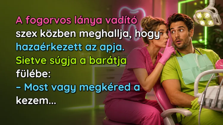 Vicc: A fogorvos lánya vadító szex közben meghallja, hogy hazaérkezett... A fogorvos lánya vadító szex közben meghallja, hogy hazaérkezett az apja. Sietve súgja a barátja fülébe: – Most vagy megkéred a kezem...