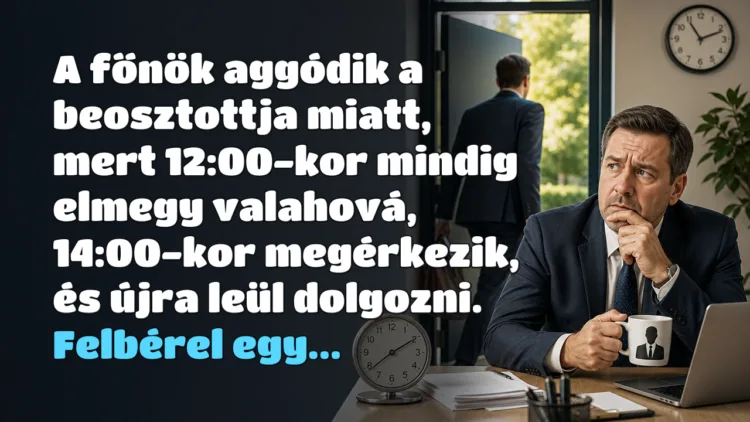 Vicc: A főnök aggódik a beosztottja miatt, mert 12:00-kor mindig elmegy... A főnök aggódik a beosztottja miatt, mert 12:00-kor mindig elmegy valahová, 14:00-kor megérkezik, és újra leül dolgozni. Felbérel egy...
