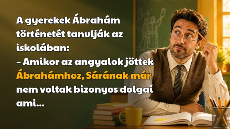 Vicc: A gyerekek Ábrahám történetét tanulják az iskolában... A gyerekek Ábrahám történetét tanulják az iskolában: – Amikor az angyalok jöttek Ábrahámhoz, Sárának már nem voltak bizonyos dolgai ami...