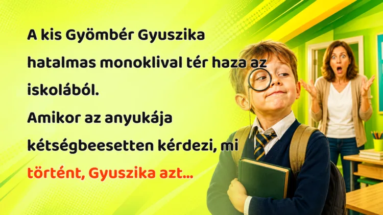 Vicc: A kis Gyömbér Gyuszika hatalmas monoklival tér haza az iskolából... A kis Gyömbér Gyuszika hatalmas monoklival tér haza az iskolából. Amikor az anyukája kétségbeesetten kérdezi, mi történt, Gyuszika azt...