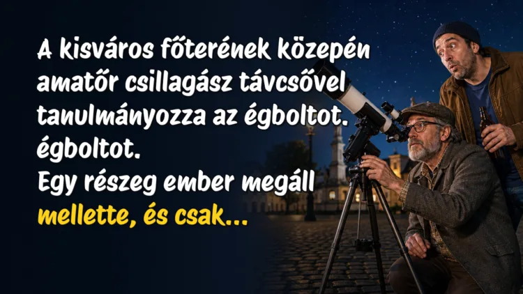 Vicc: A kisváros főterének közepén amatőr csillagász távcsővel tanulmányozza... A kisváros főterének közepén amatőr csillagász távcsővel tanulmányozza az égboltot. égboltot. Egy részeg ember megáll mellette, és csak...
