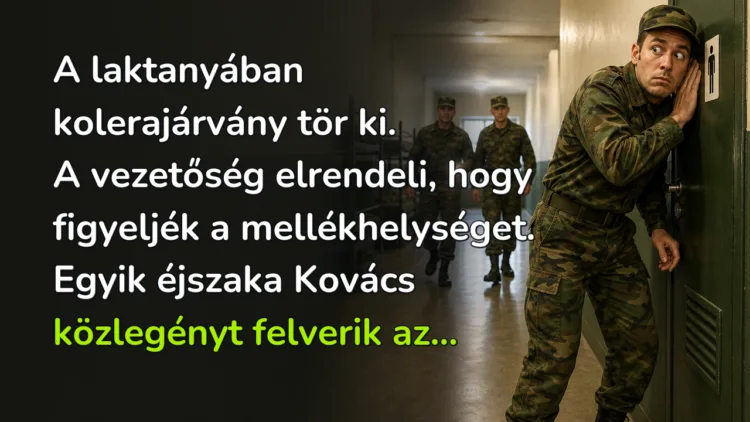Vicc: A laktanyában kolerajárvány tör ki. A vezetőség elrendeli... A laktanyában kolerajárvány tör ki. A vezetőség elrendeli, hogy figyeljék a mellékhelységet. Egyik éjszaka Kovács közlegényt felverik az...