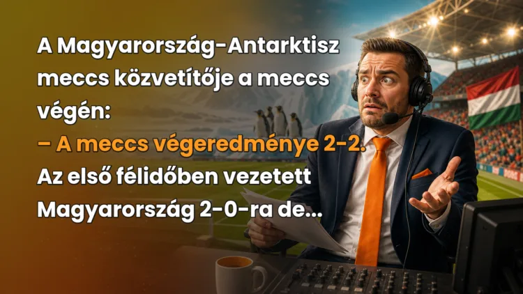 Vicc: A Magyarország-Antarktisz meccs közvetítője a meccs végén... A Magyarország-Antarktisz meccs közvetítője a meccs végén: – A meccs végeredménye 2-2. Az első félidőben vezetett Magyarország 2-0-ra de...