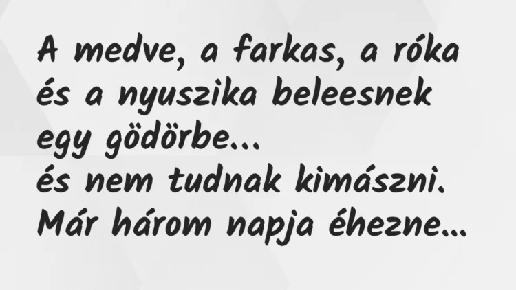 Vicc: A medve, a farkas, a róka és a nyuszika beleesnek egy gödörbe… Vicc: A medve, a farkas, a róka és a nyuszika beleesnek egy gödörbe…