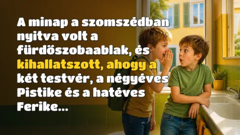 A minap a szomszédban nyitva volt a fürdőszobaablak, és kihallatszott, ahogy a két testvér, a négyéves Pistike és a hatéves Ferike...