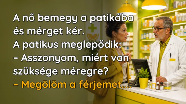 Vicc: A nő bemegy a patikába és mérget kér. A patikus meglepődik... A nő bemegy a patikába és mérget kér. A patikus meglepődik: – Asszonyom, miért van szüksége méregre? – Megölöm a férjemet....