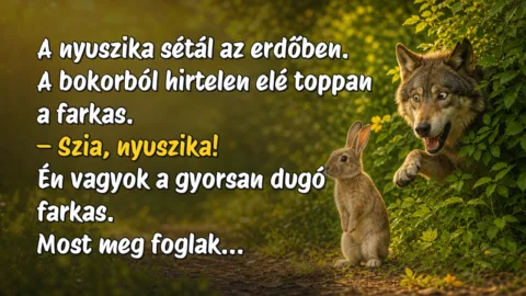 Vicc: A nyuszika sétál az erdőben. A bokorból hirtelen elé toppan a farkas... A nyuszika sétál az erdőben. A bokorból hirtelen elé toppan a farkas. – Szia, nyuszika! Én vagyok a gyorsan dugó farkas. Most meg foglak...
