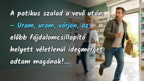Vicc: A patikus szalad a vevő után... A patikus szalad a vevő után: – Uram, uram, várjon, az előbb fájdalomcsillapító helyett véletlenül idegmérget adtam magának!...