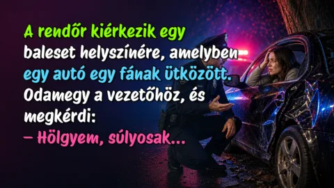 A rendőr kiérkezik egy baleset helyszínére, amelyben egy autó egy fának ütközött. Odamegy a vezetőhöz, és megkérdi: – Hölgyem, súlyosak...