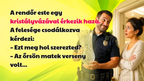 A rendőr este egy kristályvázával érkezik haza. A felesége csodálkozva kérdezi: – Ezt meg hol szerezted? – Az őrsön matek verseny volt...
