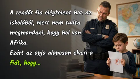A rendőr fia elégtelent hoz az iskolából, mert nem tudta megmondani, hogy hol van Afrika. Ezért az apja alaposan elveri a fiát, hogy...