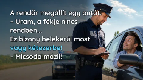A rendőr megállít egy autót. – Uram, a fékje nincs rendben... Ez bizony belekerül most vagy kétezerbe! – Micsoda mázli!