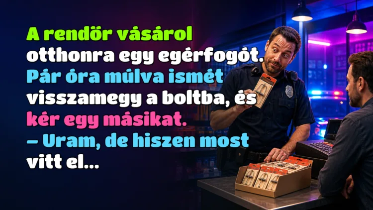 Vicc: A rendőr vásárol otthonra egy egérfogót. Pár óra múlva ismét visszamegy... A rendőr vásárol otthonra egy egérfogót. Pár óra múlva ismét visszamegy a boltba, és kér egy másikat. – Uram, de hiszen most vitt el...