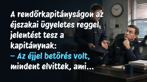 A rendőrkapitányságon az éjszakai ügyeletes reggel jelentést tesz a kapitánynak: – Az éjjel betörés volt, mindent elvittek, ami...