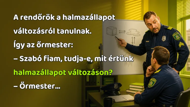 Vicc: A rendőrök a halmazállapot változásról tanulnak. Így az őrmester... A rendőrök a halmazállapot változásról tanulnak. Így az őrmester: – Szabó fiam, tudja-e, mit értünk halmazállapot változáson? – Őrmester...