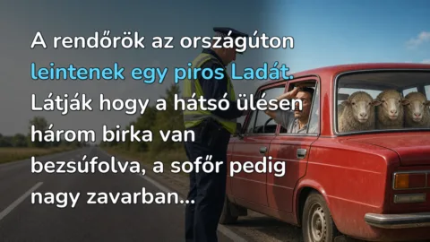 A rendőrök az országúton leintenek egy piros Ladát. Látják hogy a hátsó ülésen három birka van bezsúfolva, a sofőr pedig nagy zavarban...