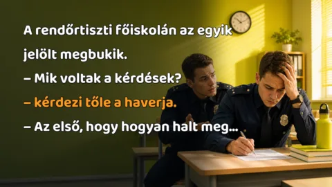 A rendőrtiszti főiskolán az egyik jelölt megbukik. – Mik voltak a kérdések? – kérdezi tőle a haverja. – Az első, hogy hogyan halt meg...