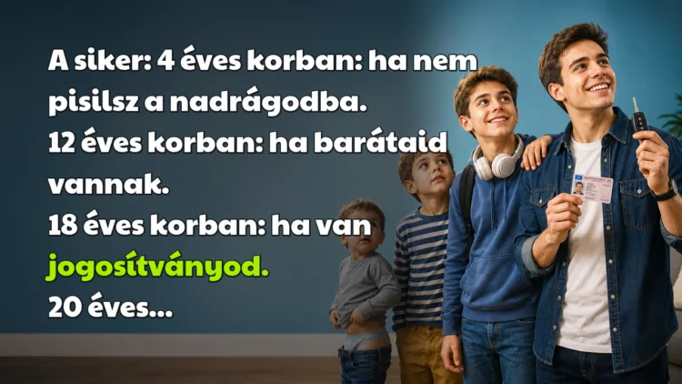 Vicc: A siker... A siker: 4 éves korban: ha nem pisilsz a nadrágodba. 12 éves korban: ha barátaid vannak. 18 éves korban: ha van jogosítványod. 20 éves...