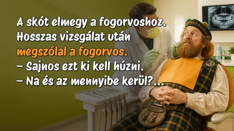 Vicc: A skót elmegy a fogorvoshoz. Hosszas vizsgálat után megszólal... A skót elmegy a fogorvoshoz. Hosszas vizsgálat után megszólal a fogorvos. – Sajnos ezt ki kell húzni. – Na és az mennyibe kerül?...