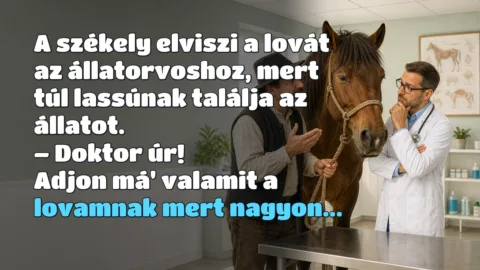 A székely elviszi a lovát az állatorvoshoz, mert túl lassúnak találja az állatot. – Doktor úr! Adjon má' valamit a lovamnak mert nagyon...