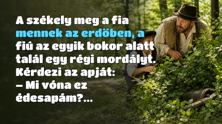 Vicc: A székely meg a fia mennek az erdőben, a fiú az egyik bokor alatt talál... A székely meg a fia mennek az erdőben, a fiú az egyik bokor alatt talál egy régi mordályt. Kérdezi az apját: – Mi vóna ez édesapám?...