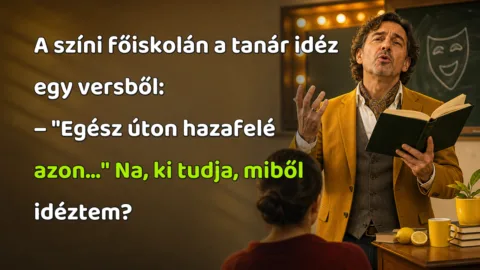 A színi főiskolán a tanár idéz egy versből: – "Egész úton hazafelé azon..." Na, ki tudja, miből idéztem?