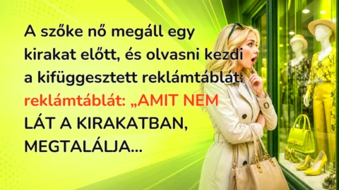 A szőke nő megáll egy kirakat előtt, és olvasni kezdi a kifüggesztett reklámtáblát: reklámtáblát: „AMIT NEM LÁT A KIRAKATBAN, MEGTALÁLJA...