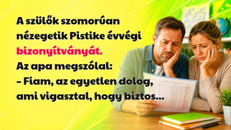 Vicc: A szülők szomorúan nézegetik Pistike évvégi bizonyítványát... A szülők szomorúan nézegetik Pistike évvégi bizonyítványát. Az apa megszólal: – Fiam, az egyetlen dolog, ami vigasztal, hogy biztos...