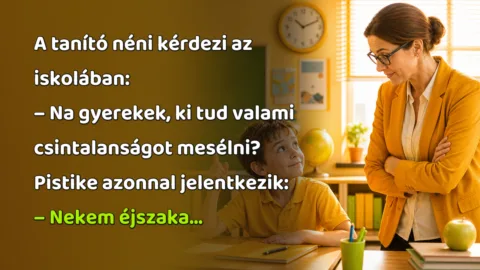 A tanító néni kérdezi az iskolában: – Na gyerekek, ki tud valami csintalanságot mesélni? Pistike azonnal jelentkezik: – Nekem éjszaka...