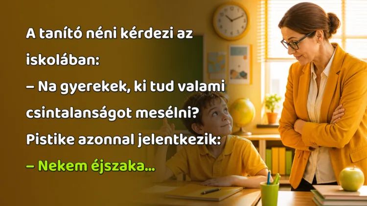 Vicc: A tanító néni kérdezi az iskolában... A tanító néni kérdezi az iskolában: – Na gyerekek, ki tud valami csintalanságot mesélni? Pistike azonnal jelentkezik: – Nekem éjszaka...