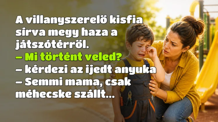 Vicc: A villanyszerelő kisfia sírva megy haza a játszótérről... A villanyszerelő kisfia sírva megy haza a játszótérről. – Mi történt veled? – kérdezi az ijedt anyuka – Semmi mama, csak méhecske szállt...