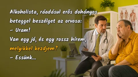 Alkoholista, ráadásul erős dohányos beteggel beszélget az orvosa: – Uram! Van egy jó, és egy rossz hírem, melyikkel kezdjem? – Essünk...