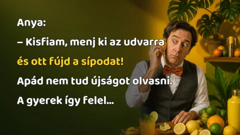 Anya: – Kisfiam, menj ki az udvarra és ott fújd a sípodat! Apád nem tud újságot olvasni. A gyerek így felel...