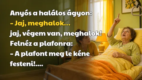 Anyós a halálos ágyon: – Jaj, meghalok… jaj, végem van, meghalok! Felnéz a plafonra: – A plafont meg le kéne festeni!....