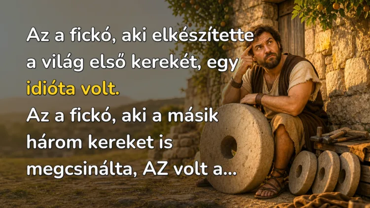 Vicc: Az a fickó, aki elkészítette a világ első kerekét, egy idióta volt... Az a fickó, aki elkészítette a világ első kerekét, egy idióta volt. Az a fickó, aki a másik három kereket is megcsinálta, AZ volt a...